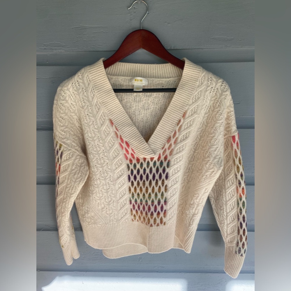 Anthropologie Maeve V-Neck Cable-Knit Wool Rainbow Sweater - Picture 4 of 7